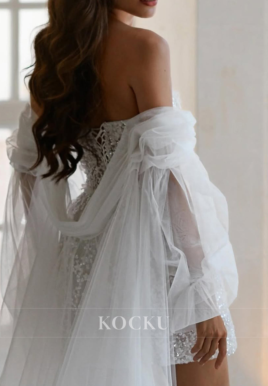 Strapless Sequin Mini Wedding Dress with Detachable Tulle Shawl Sleeves