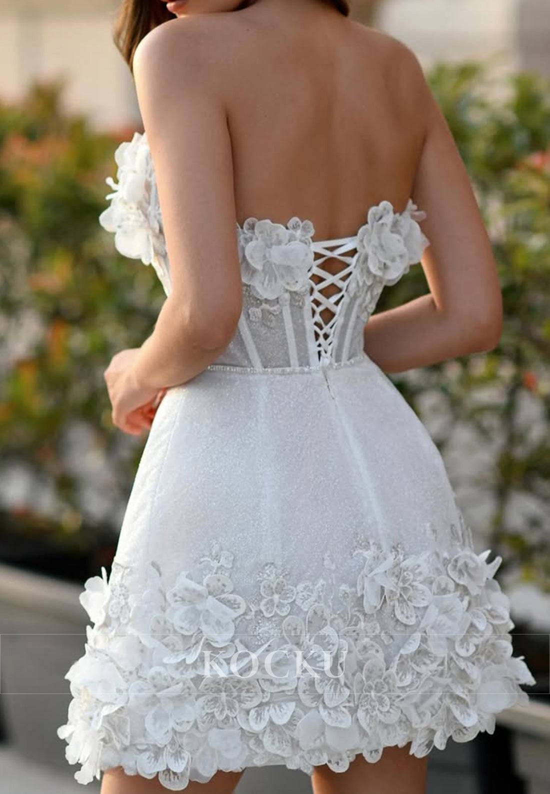 Strapless Short Wedding Dress with 3D Floral Appliqués & Lace - Up Back