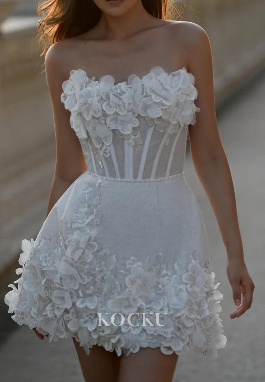 Strapless Short Wedding Dress with 3D Floral Appliqués & Lace - Up Back