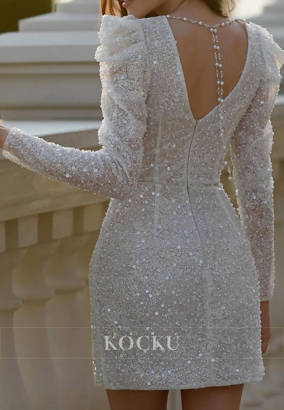 Plunging V - Neck Sequin Mini Dress with Puff Sleeves, Side Slit & Pearl Chain Back