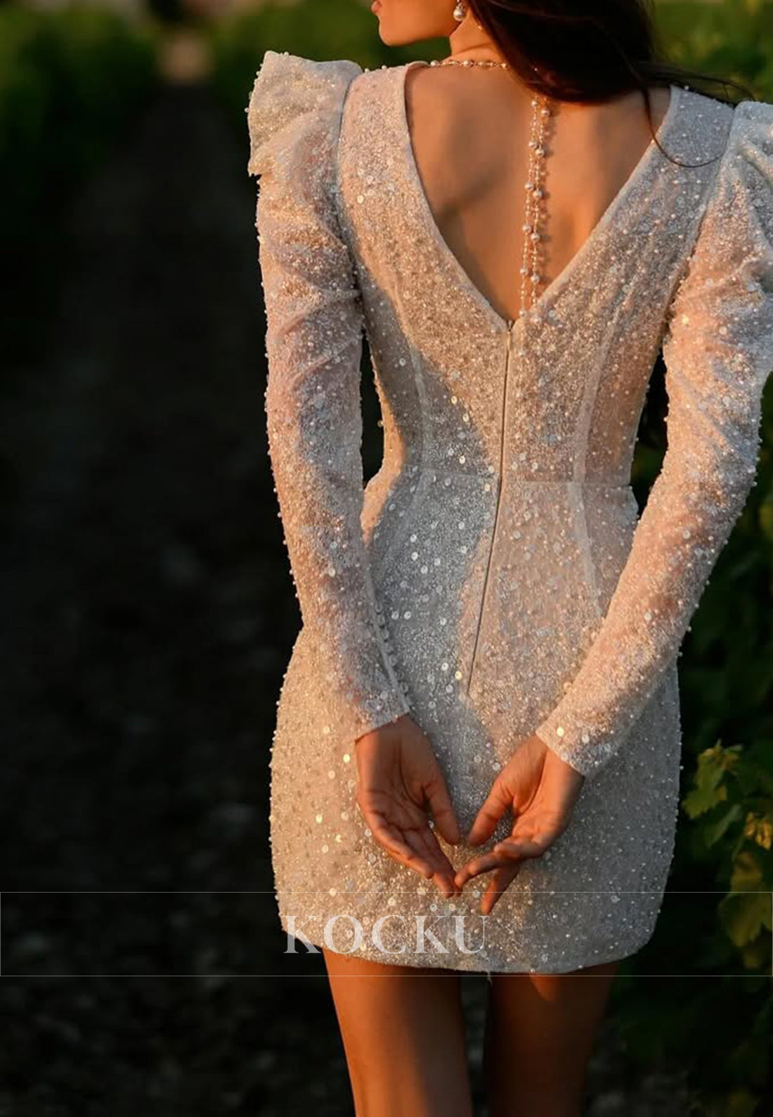 Plunging V - Neck Sequin Mini Dress with Puff Sleeves, Side Slit & Pearl Chain Back