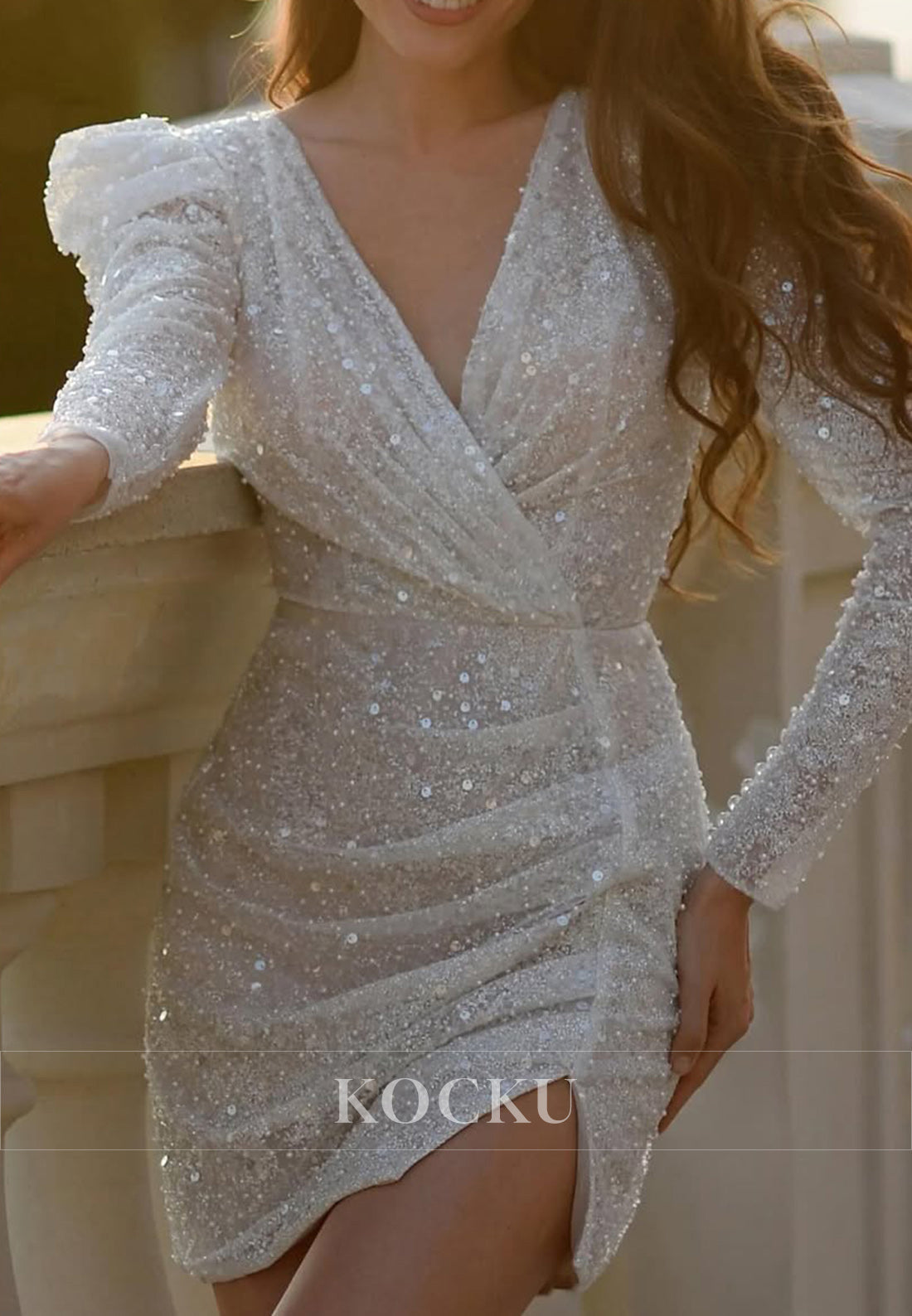 Plunging V - Neck Sequin Mini Dress with Puff Sleeves, Side Slit & Pearl Chain Back