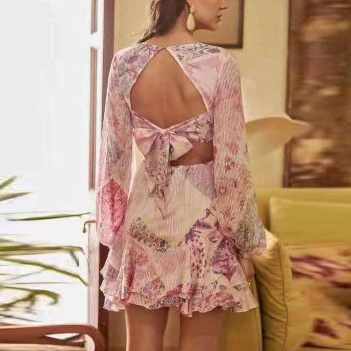 Paisley Print Plunge Neck Puff Sleeve Ruffle Mini Dress