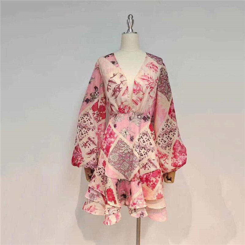 Paisley Print Plunge Neck Puff Sleeve Ruffle Mini Dress