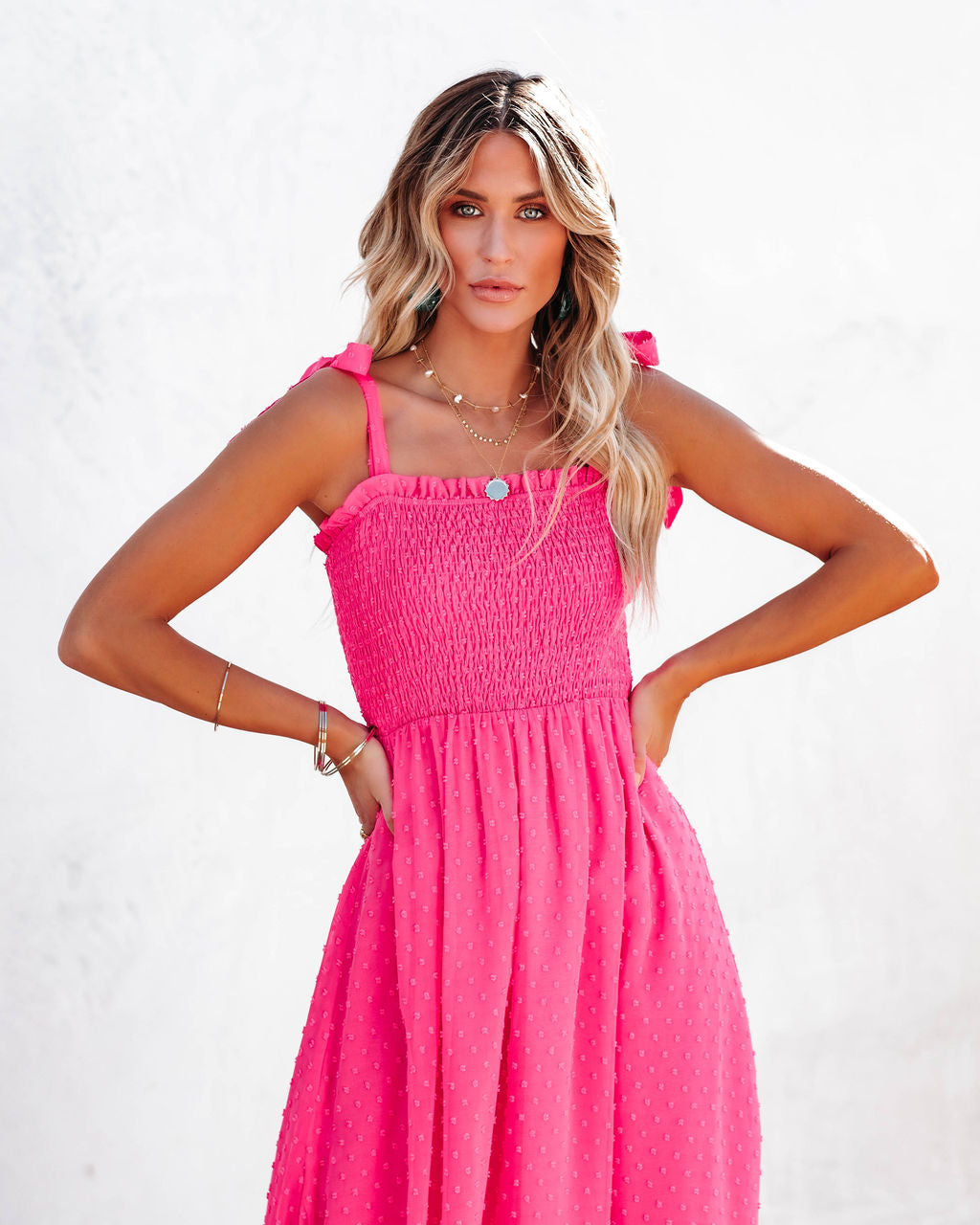 Swiss Dot Square Neck Smocked Tie Strap Slit Maxi Dress