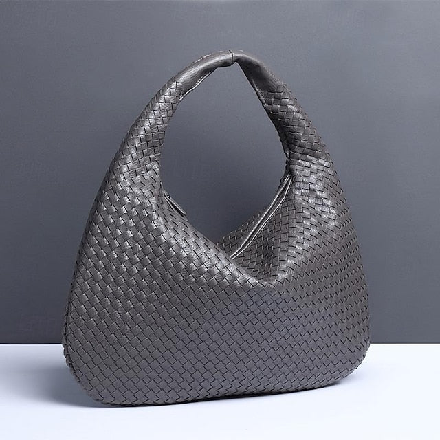 Chic Burgundy Hobo Woven Leather Bag Faux