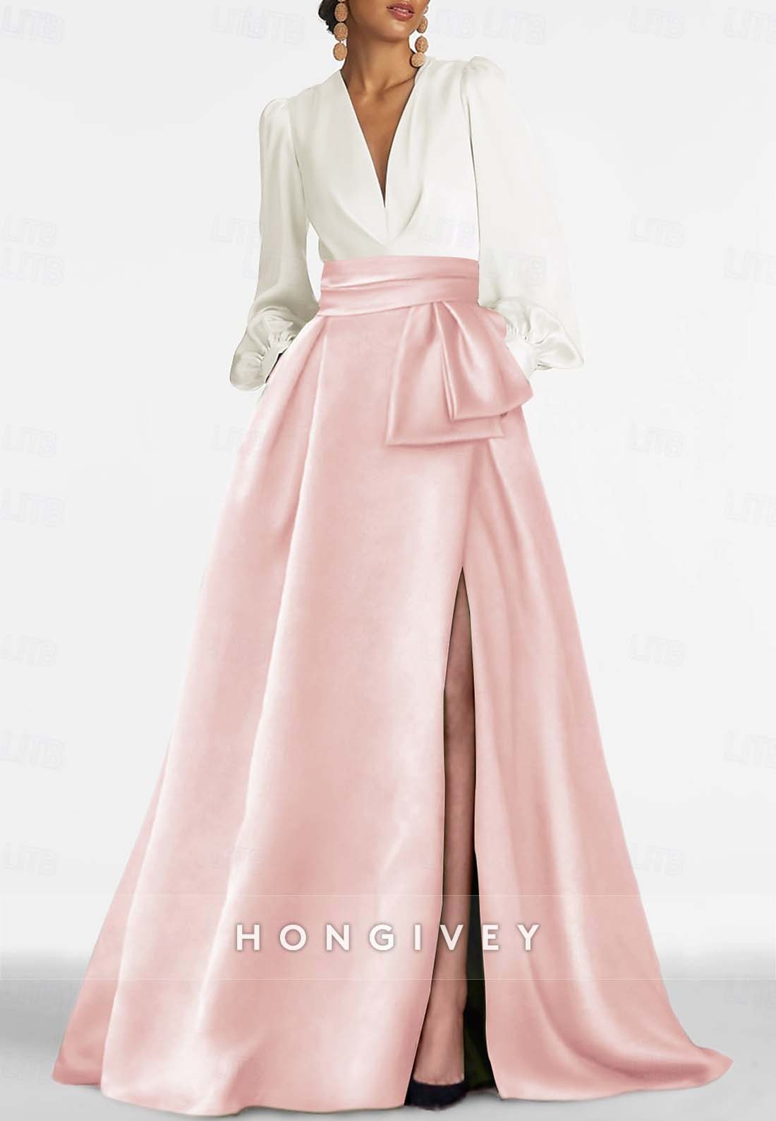 A-line High Slit Evening Gown Floor-Length V Neck Long Sleeve Pleated Mother of the Bride