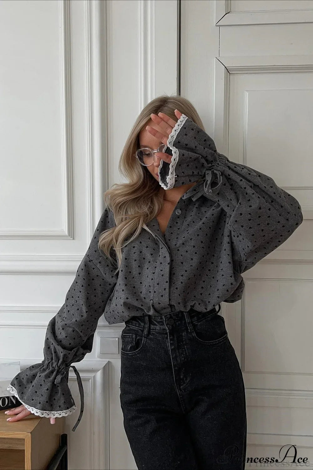 Heart-Print Cardigan Blouse with Elegant Single Button Design