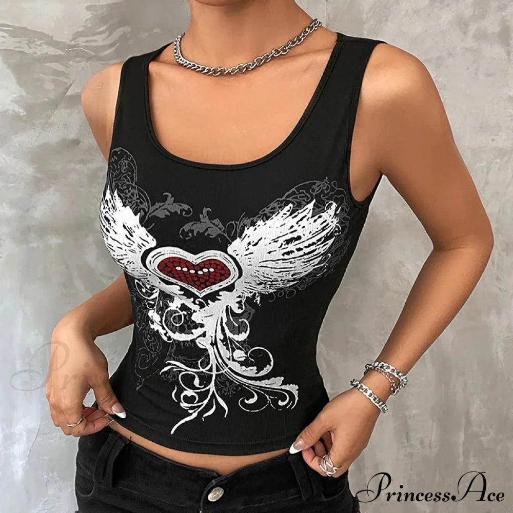 Heart & Wings Printed Gothic Dark Fairy Grunge Crop Top