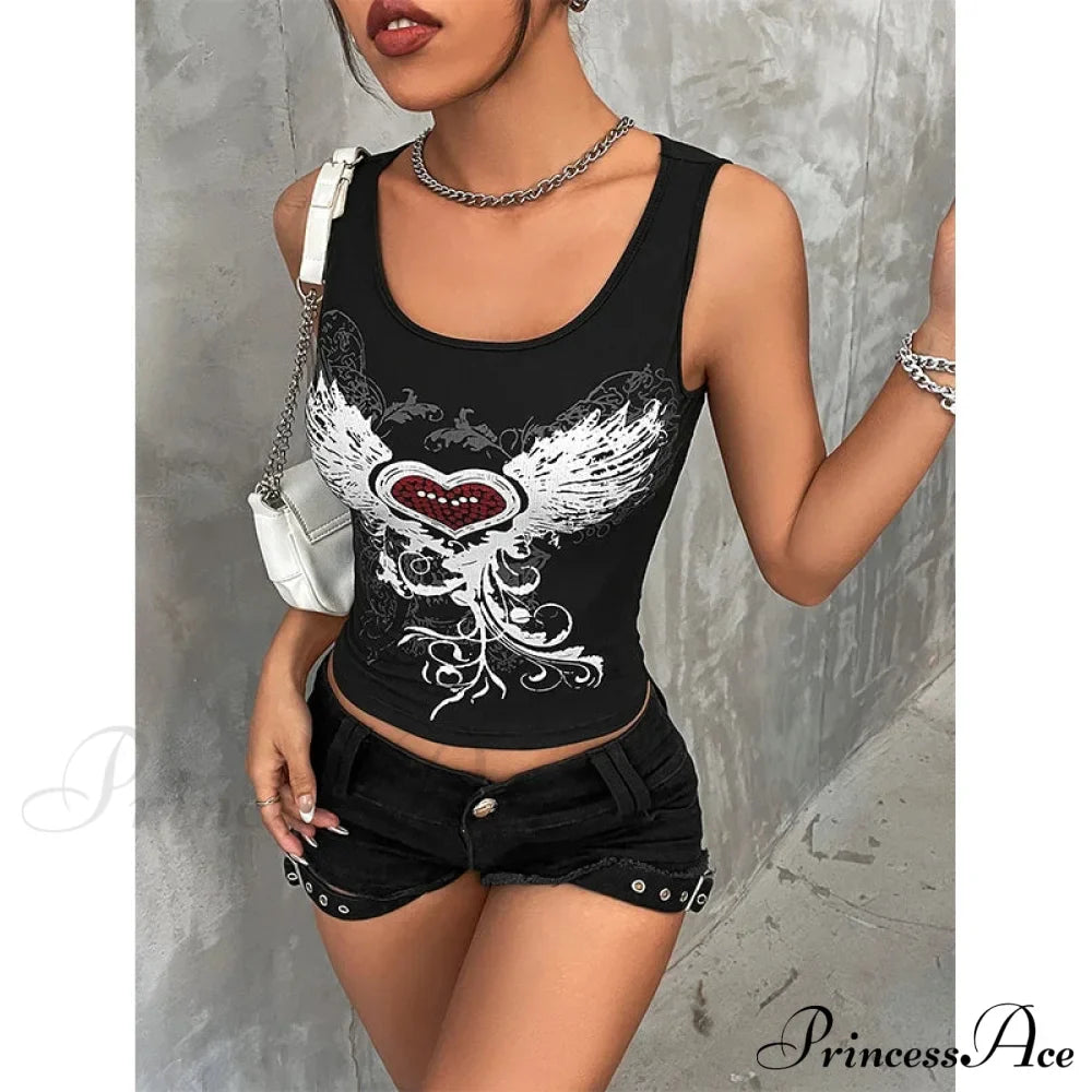 Heart & Wings Printed Gothic Dark Fairy Grunge Crop Top