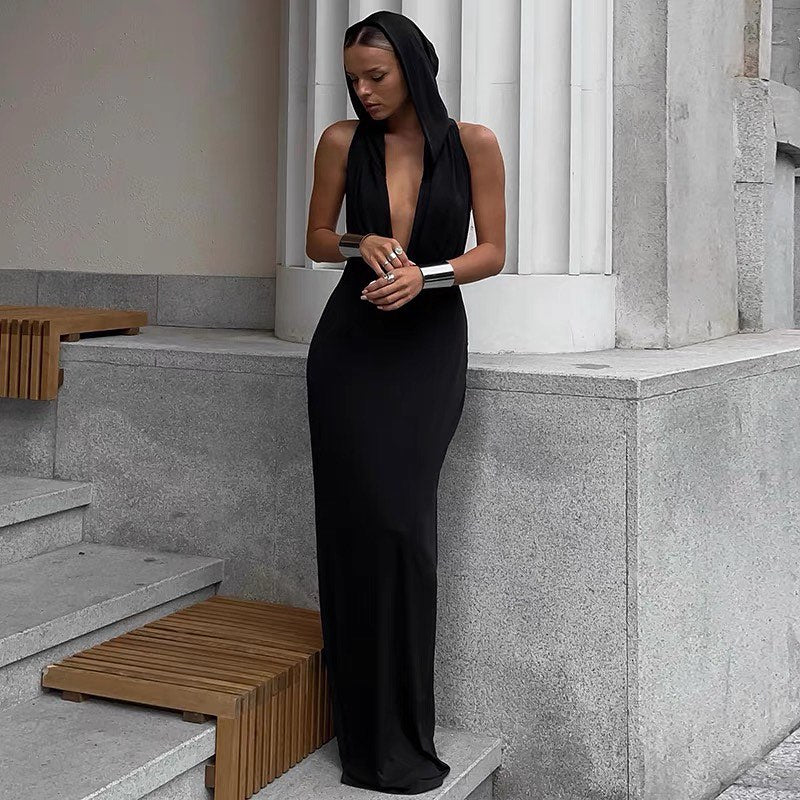 Hooded Open-Back Sleeveless Bodycon Maxi Dress 2