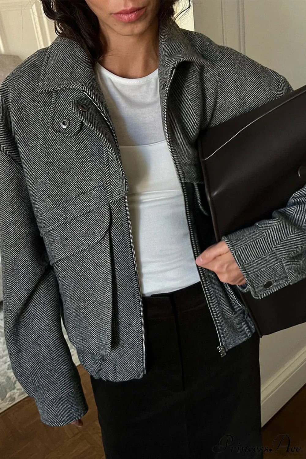 Herringbone Zip Pocket Coat with Stand Collar for Style