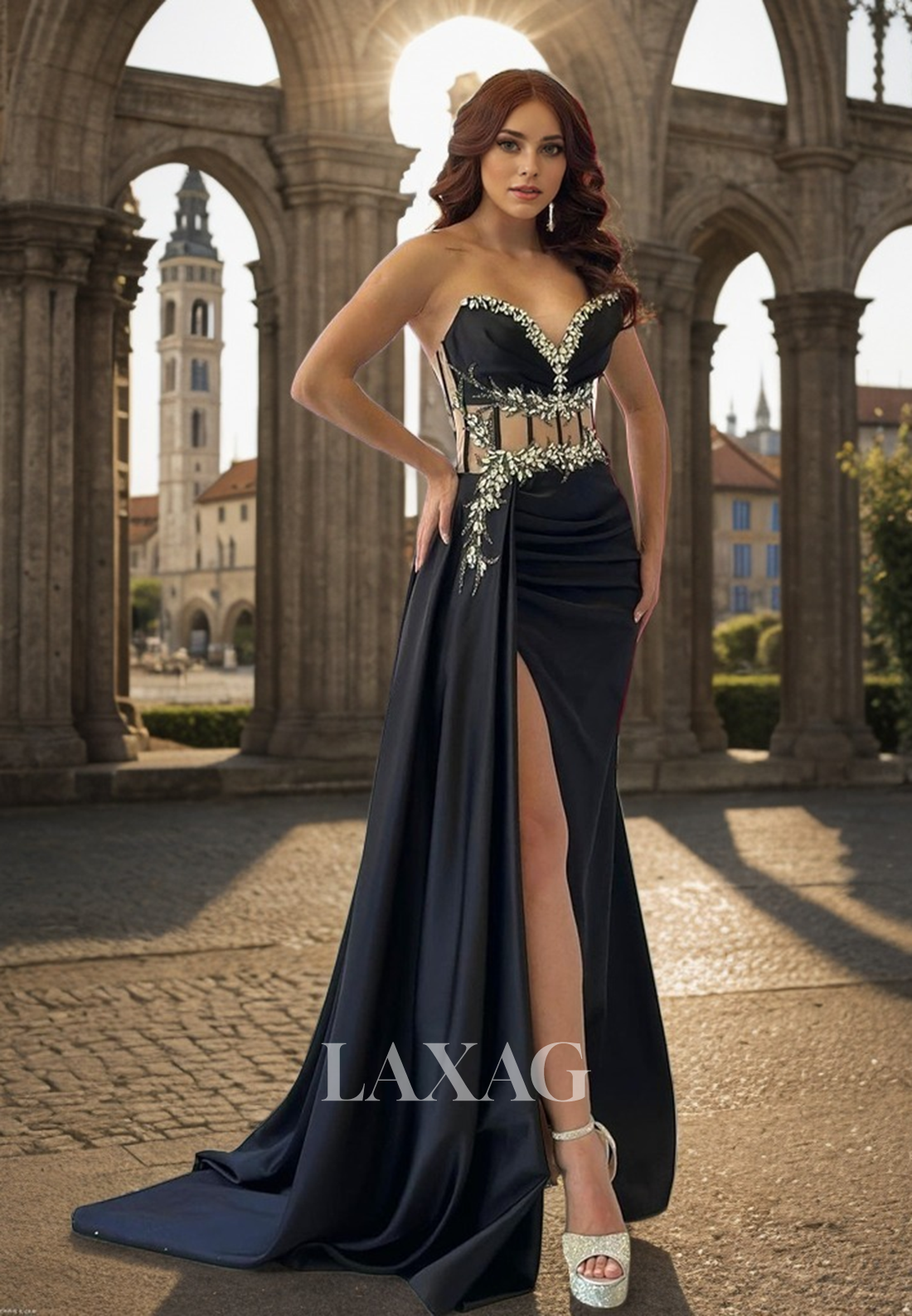 22294 - Spaghetti Straps illusion Beaded Draped Sleek Satin High Slit Prom Dress