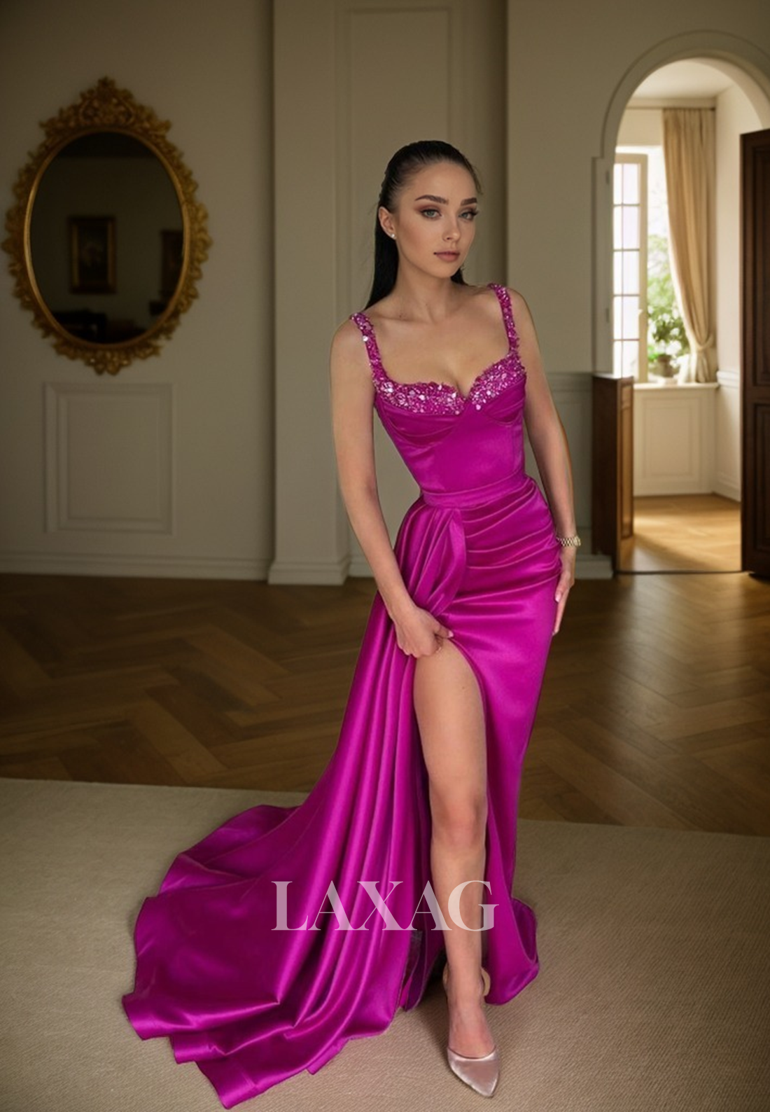 21907 - Spaghetti Straps V neck Ruched Long Formal Prom Dress with Slit