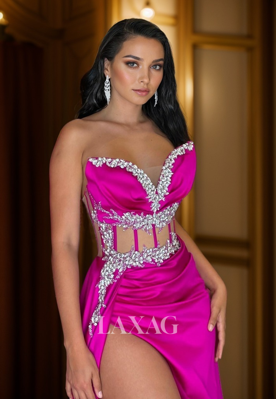 22294 - Spaghetti Straps illusion Beaded Draped Sleek Satin High Slit Prom Dress