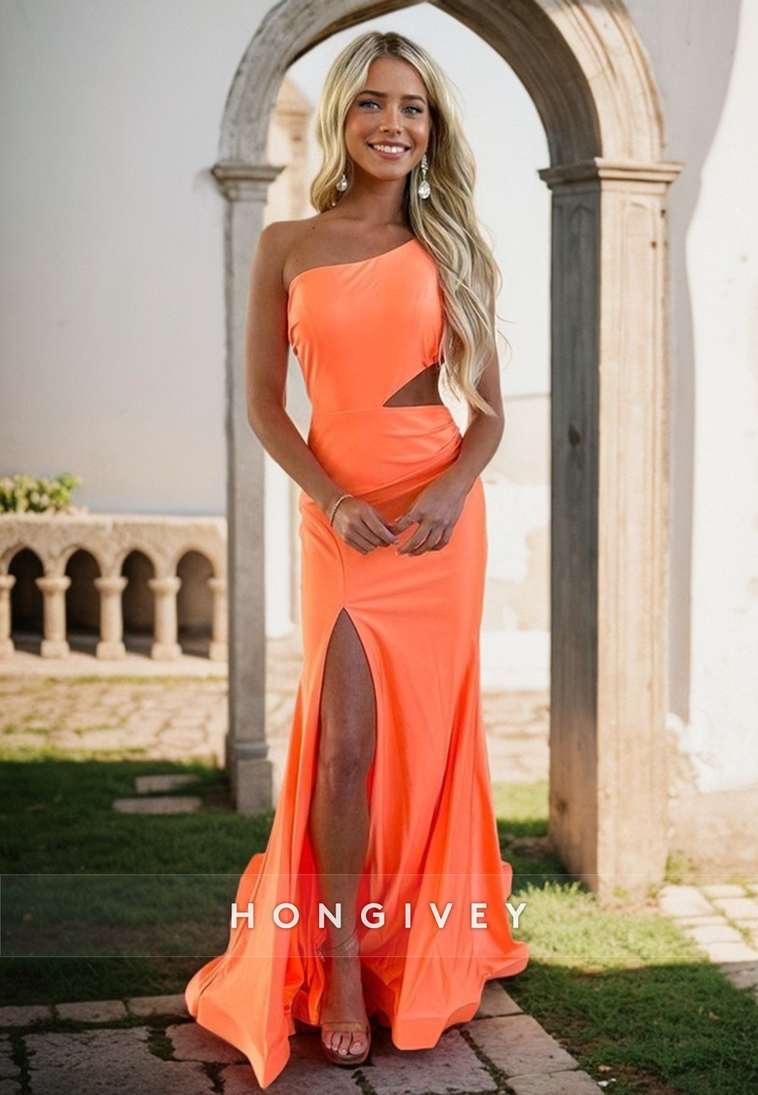 L1068 - Sexy One Shoulder Cutout With Train And Slit Formal Party Prom Evening Dress - Fashionpara