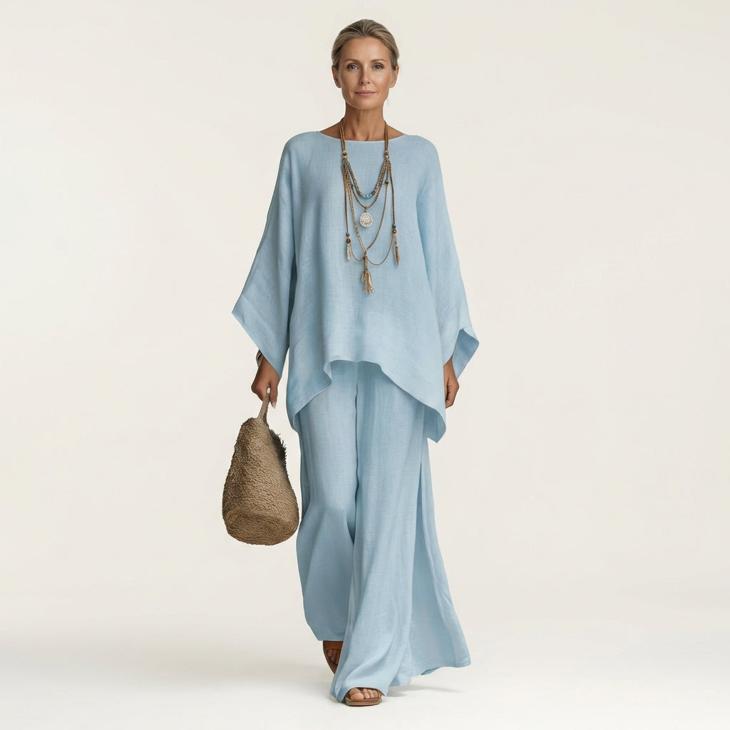 Boat Neck Draped Tunic and Wide Leg Pants Two Piece Set 3