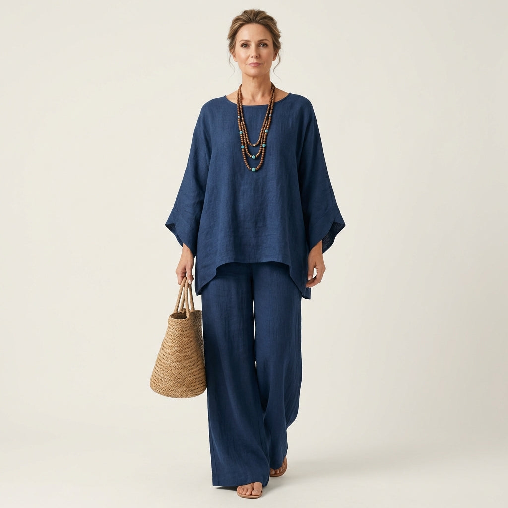 Boat Neck Draped Tunic and Wide Leg Pants Two Piece Set 7