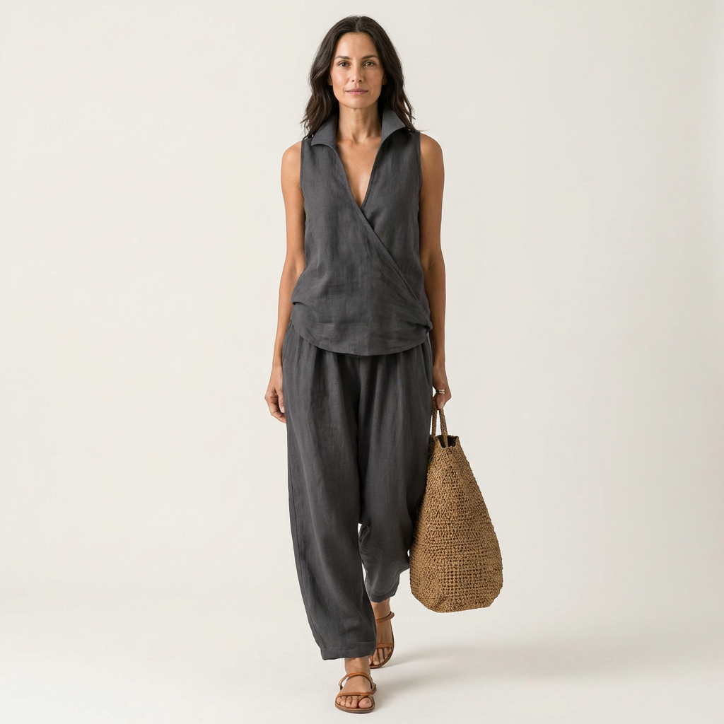 Sleeveless Collared Wrap Top and Wide Leg Pants Two Piece Set 7