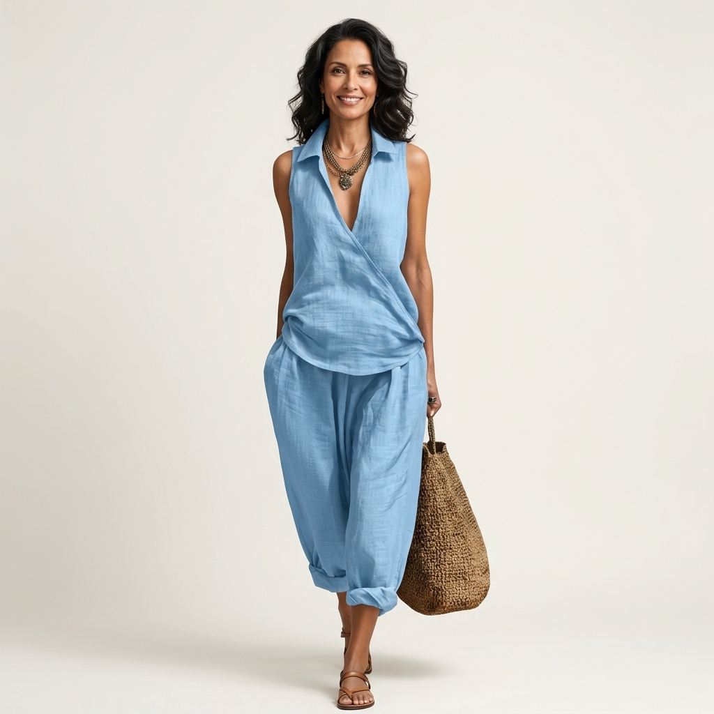 Sleeveless Collared Wrap Top and Wide Leg Pants Two Piece Set 5
