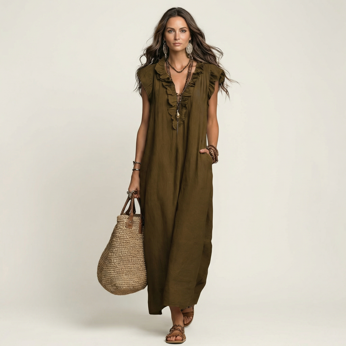 V-Neck Ruffle Trim Sleeveless Linen Maxi Dress 14