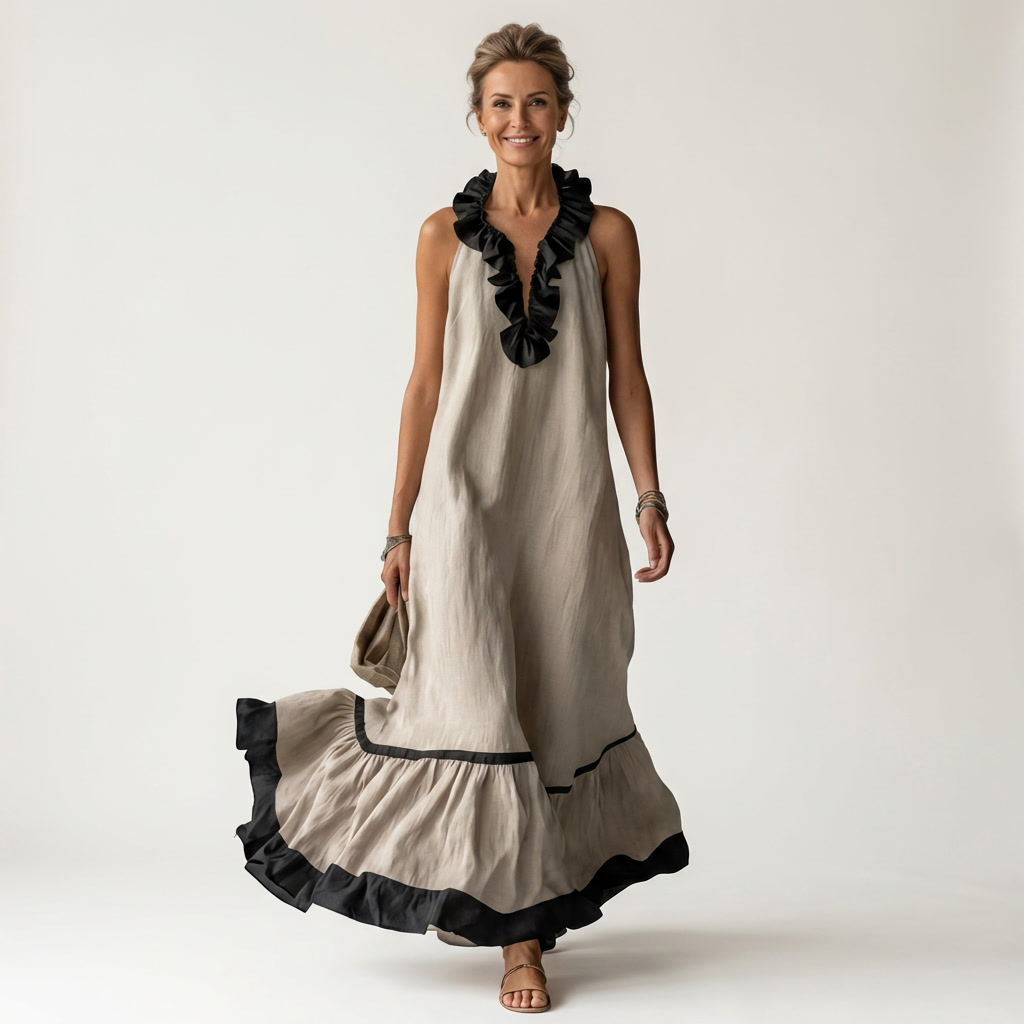 Ruffle Neck Sleeveless Contrast Trim Tiered Maxi Dress 13