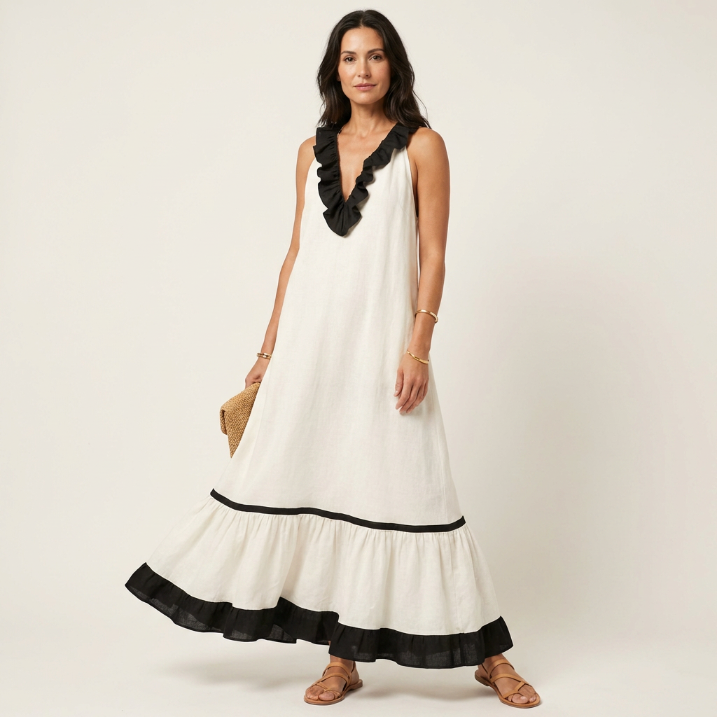 Ruffle Neck Sleeveless Contrast Trim Tiered Maxi Dress 11