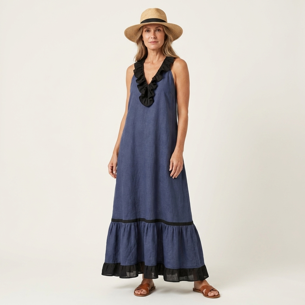 Ruffle Neck Sleeveless Contrast Trim Tiered Maxi Dress 5