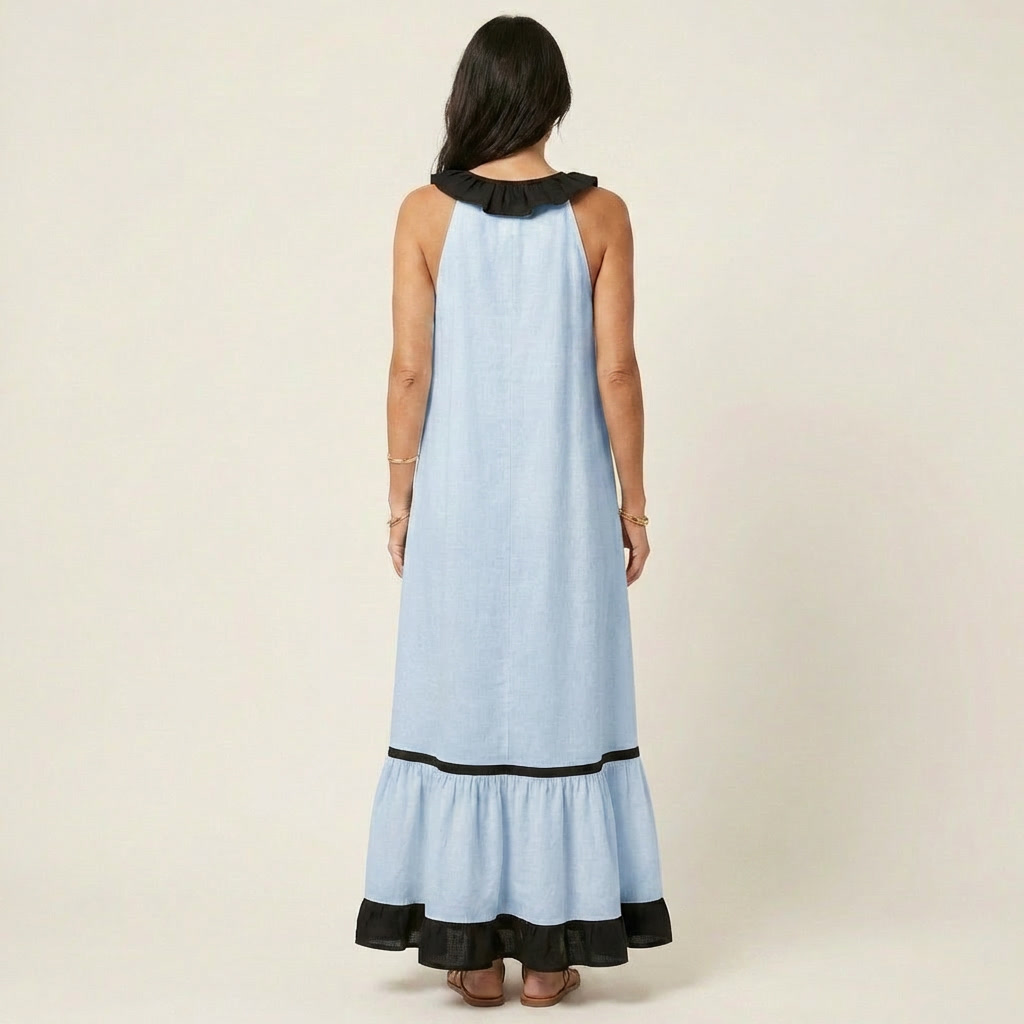 Ruffle Neck Sleeveless Contrast Trim Tiered Maxi Dress 4