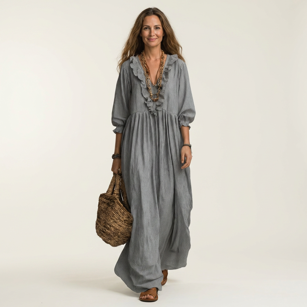 Ruffle V-Neck Lantern Sleeve Tiered Maxi Dress
