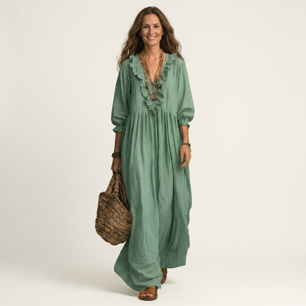 Ruffle V-Neck Lantern Sleeve Tiered Maxi Dress 9