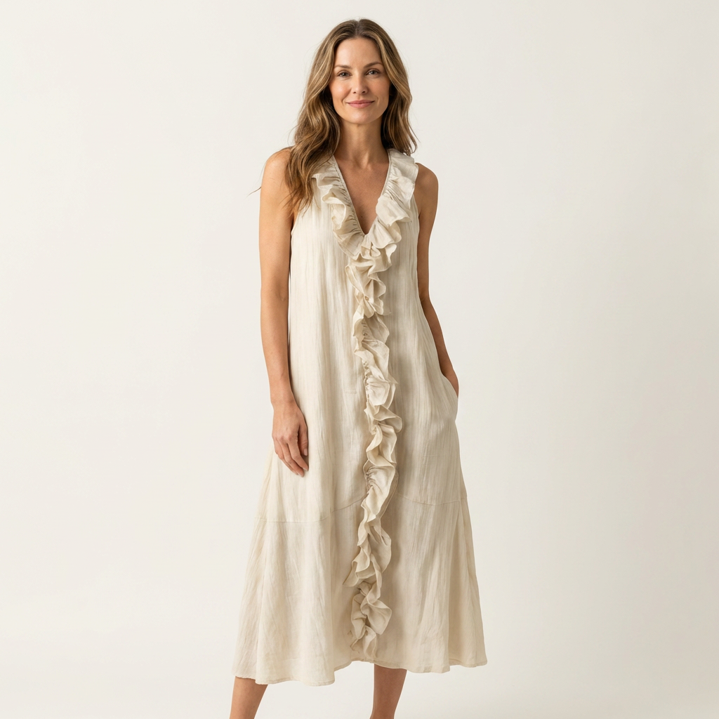 V-Neck Ruffle Front Sleeveless Tiered Midi Dress