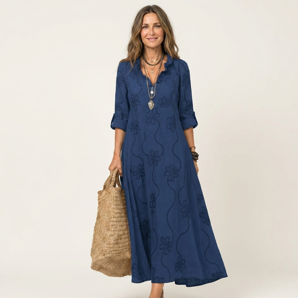 Ruffle Neck Floral Embroidered Long Sleeve Maxi Dress 9