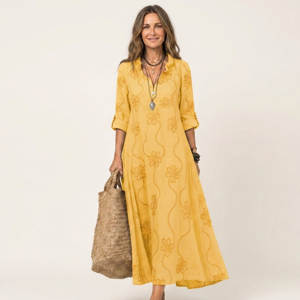 Ruffle Neck Floral Embroidered Long Sleeve Maxi Dress 5