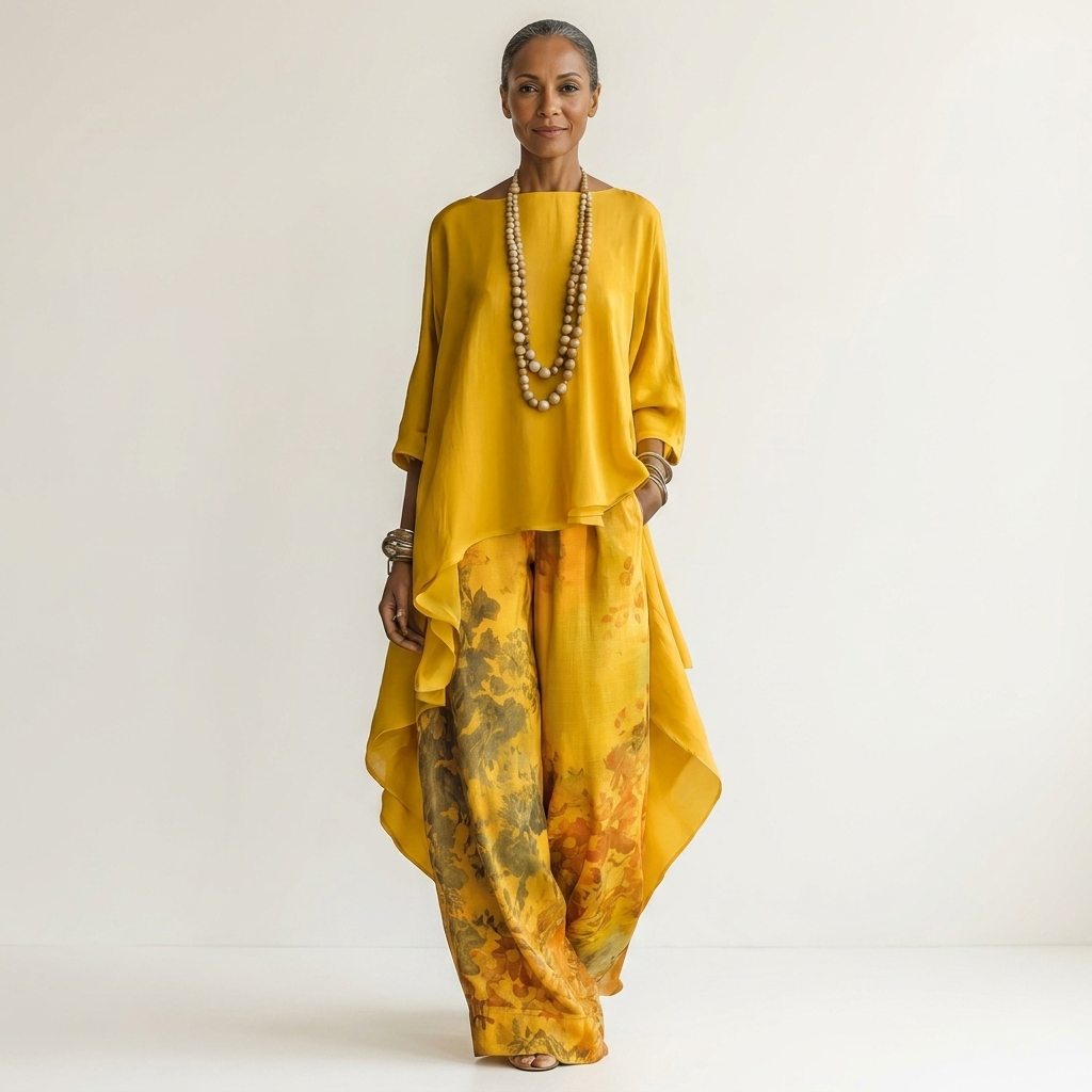 Boat Neck High Low Tunic Top and Print Wide Leg Pants Two Piece Set 5