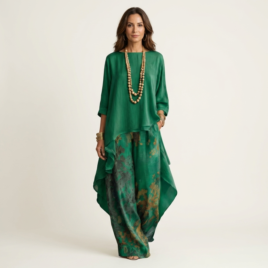 Asymmetric Hem Tunic and Printed Wide Leg Pants Two Piece Set