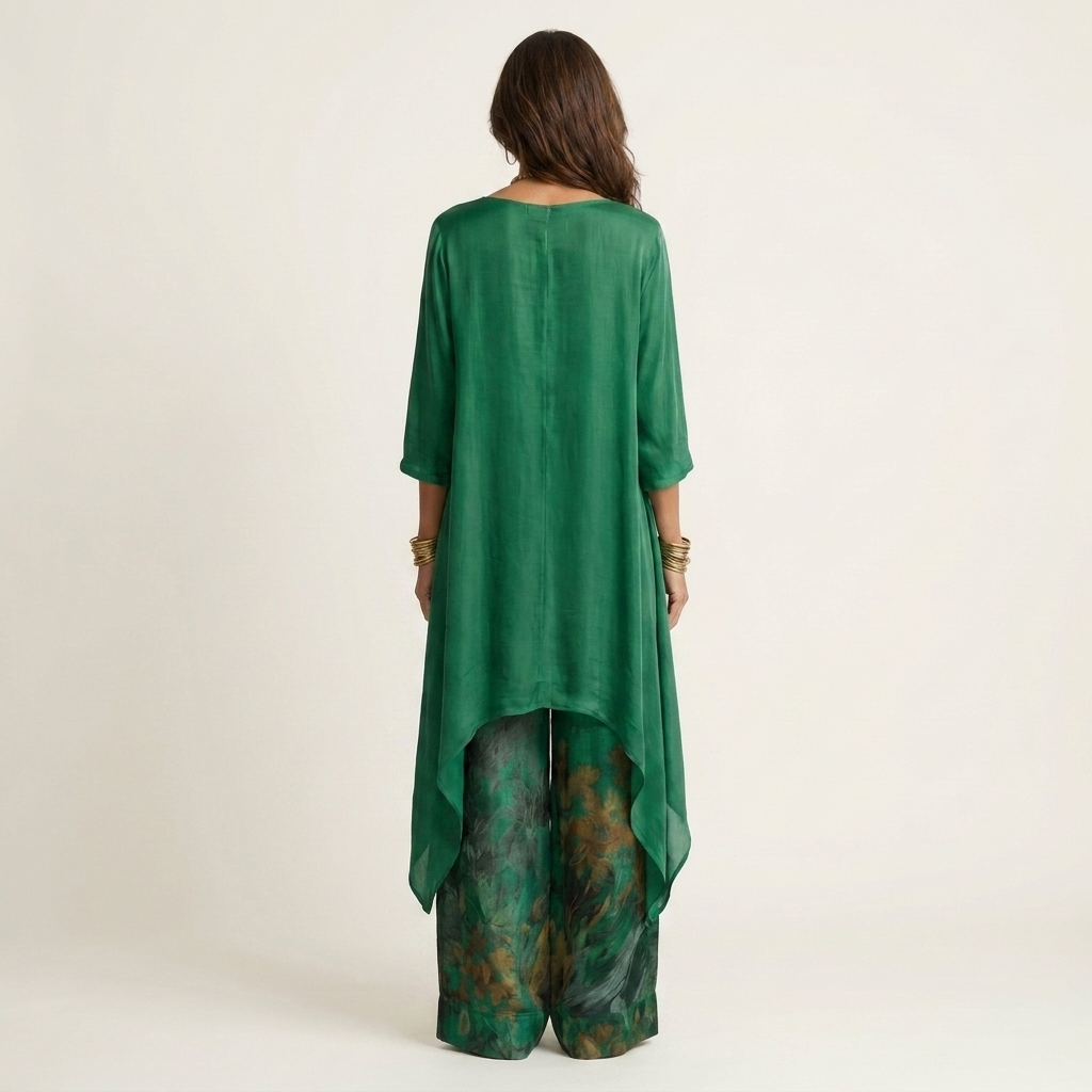 Boat Neck High Low Tunic Top and Print Wide Leg Pants Two Piece Set 2