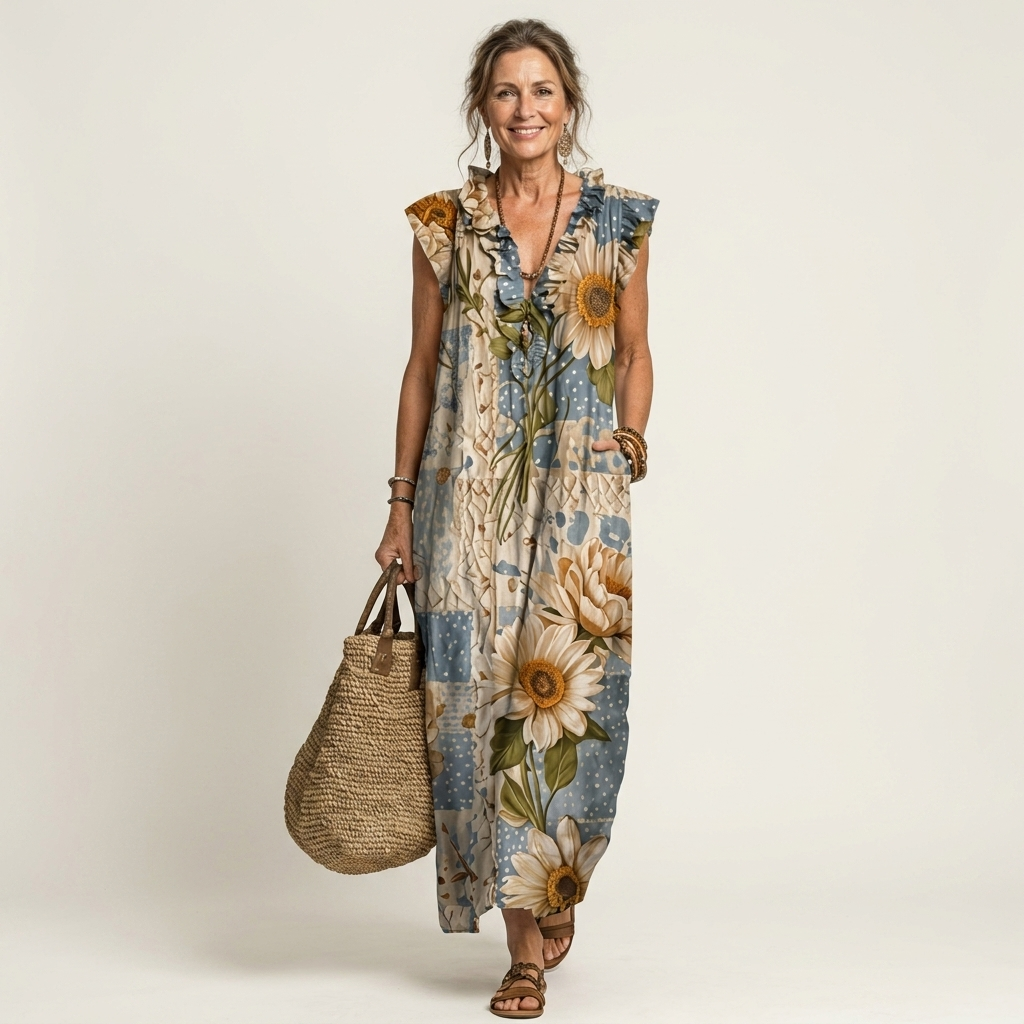 Sunflower Floral Print Ruffle V-Neck Sleeveless Maxi Dress