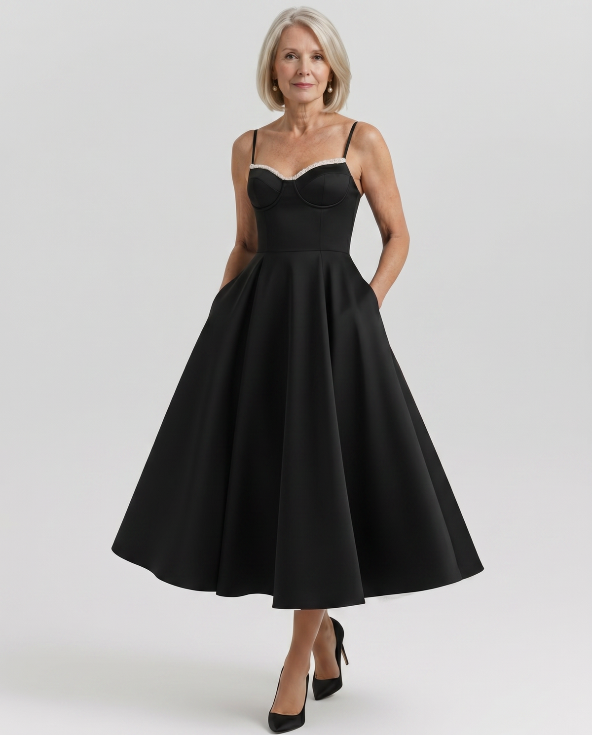 Sweetheart Bustier Strappy Fit and Flare Satin Midi Dress 4
