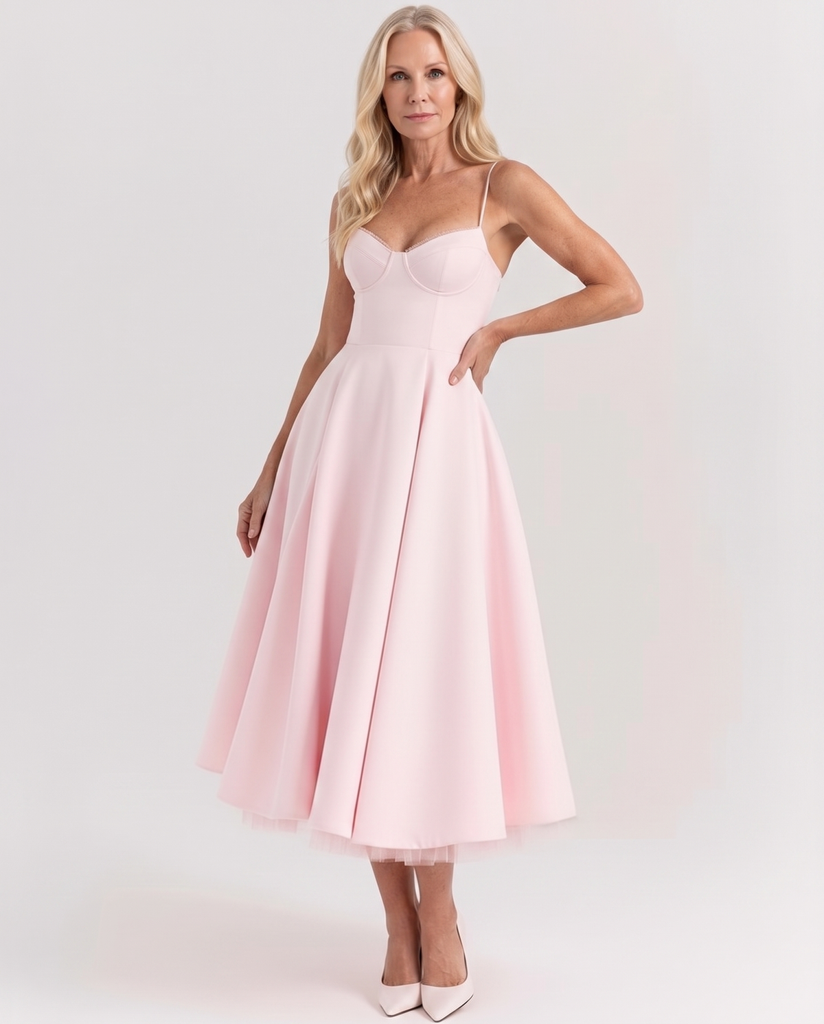 Sweetheart Bustier Strappy Fit and Flare Satin Midi Dress 12