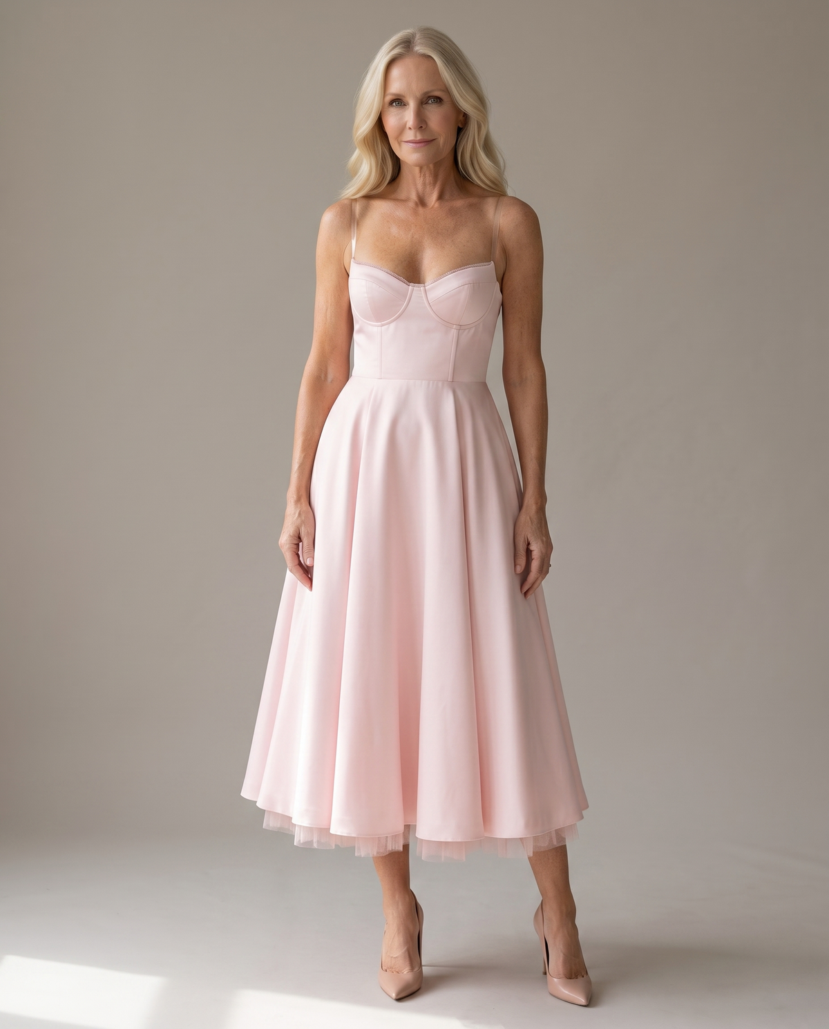Sweetheart Bustier Strappy Fit and Flare Satin Midi Dress 10