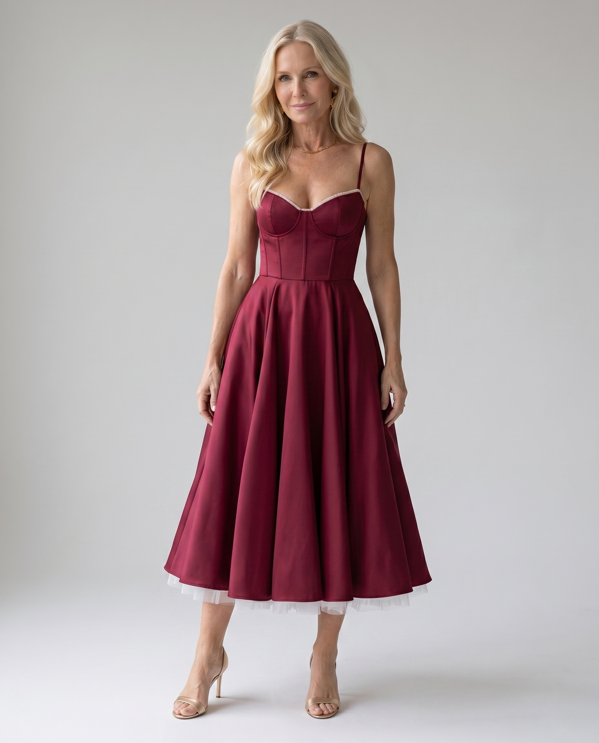Sweetheart Bustier Strappy Fit and Flare Satin Midi Dress 22