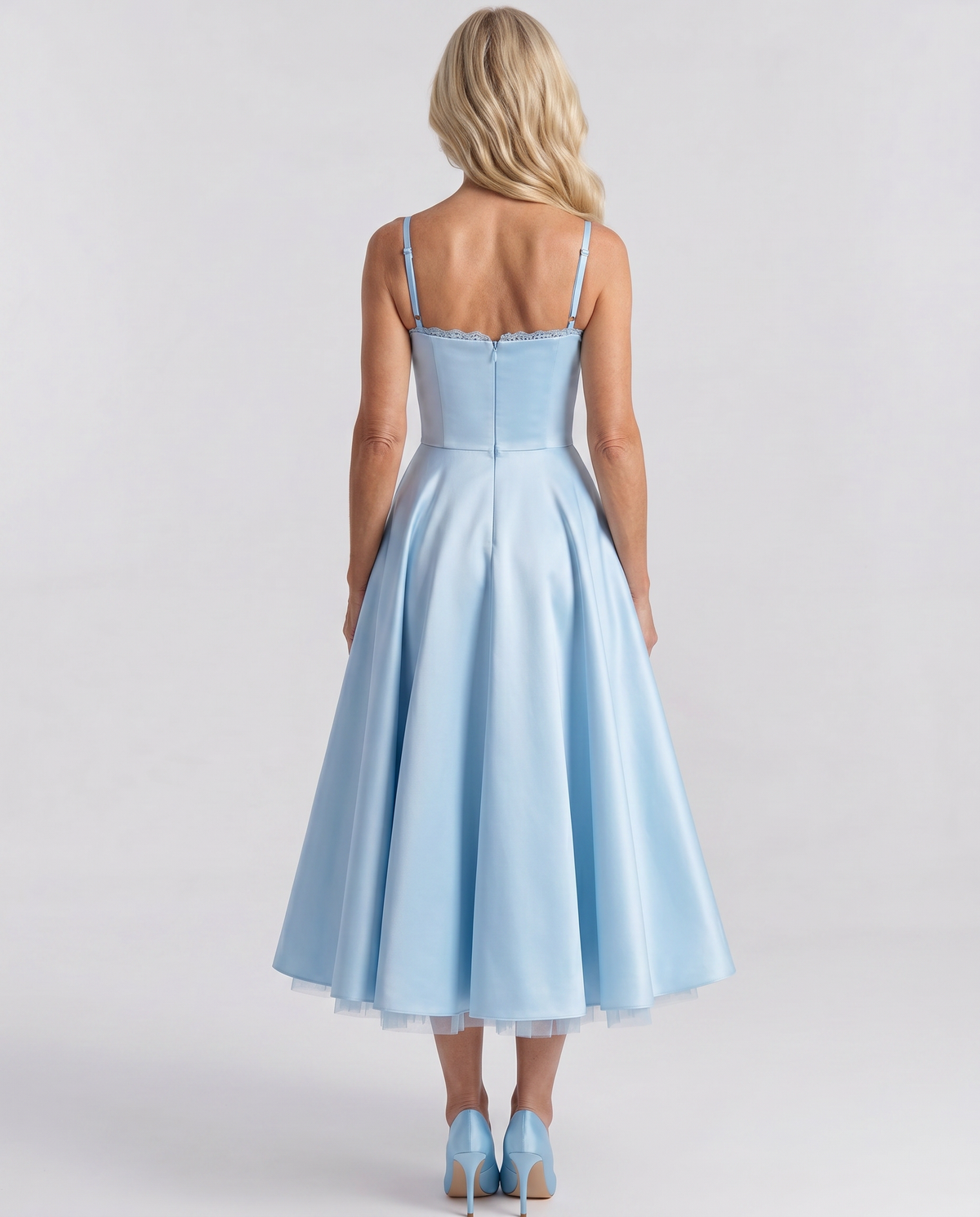 Sweetheart Bustier Strappy Fit and Flare Satin Midi Dress 18