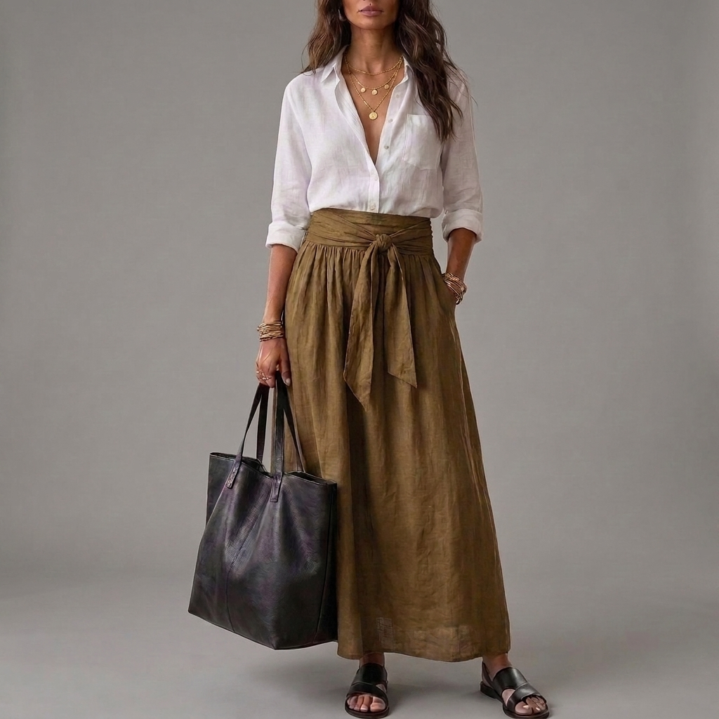 Button Front Shirt and Tie Waist Maxi Skirt Two Piece Set 3