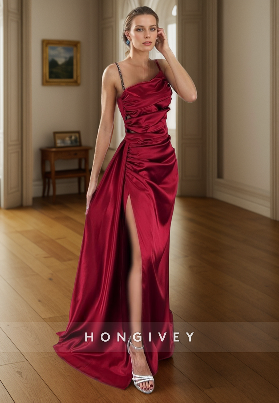 L2960 - Satin Spaghetti Straps Ruched Beaded With Side Slit Party Prom Evening Dress - Fashionpara