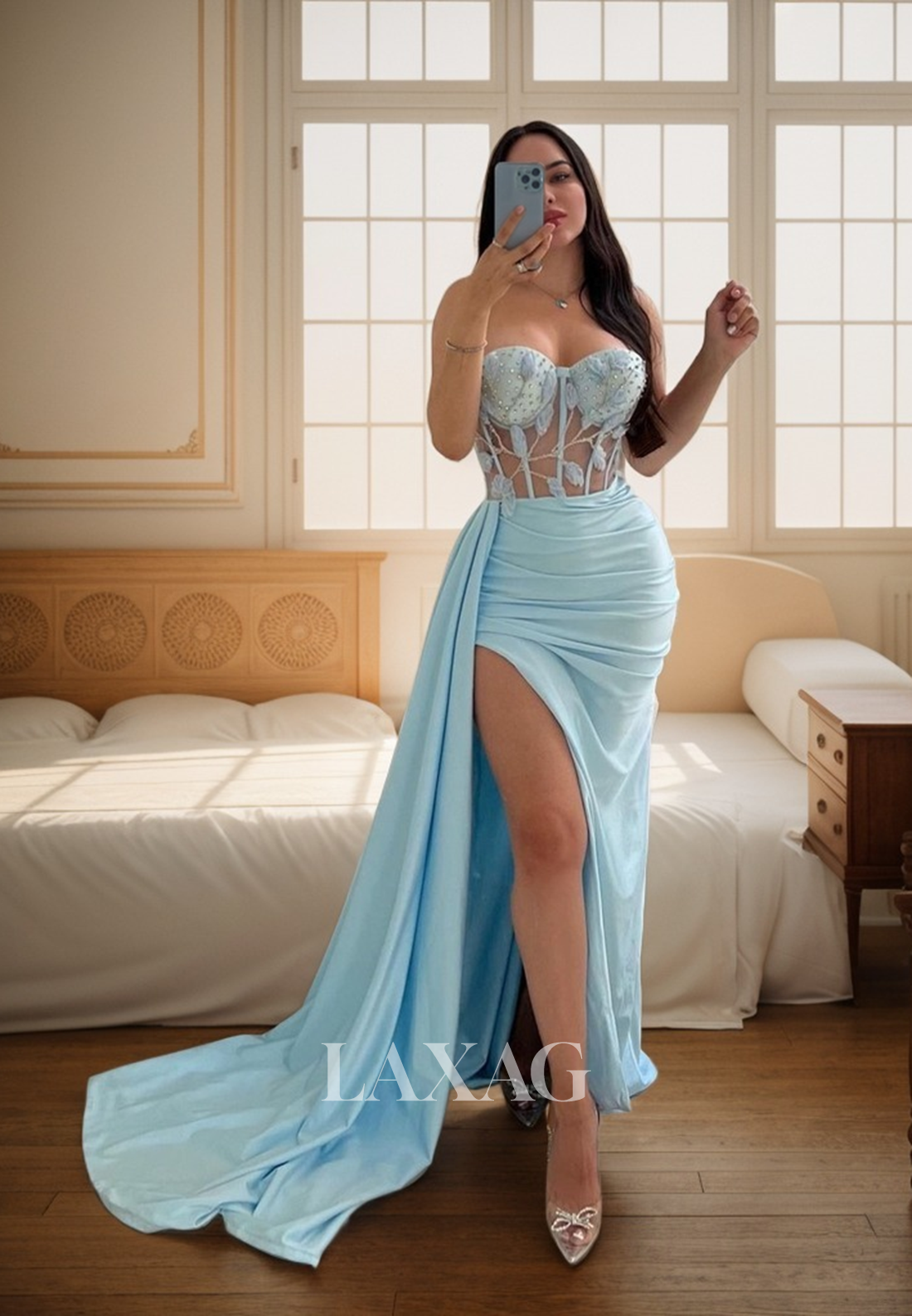 Mermaid/Trumpet Sweetheart Beads Ruched Mermaid Prom Formal Dress with Slit - Fashionpara