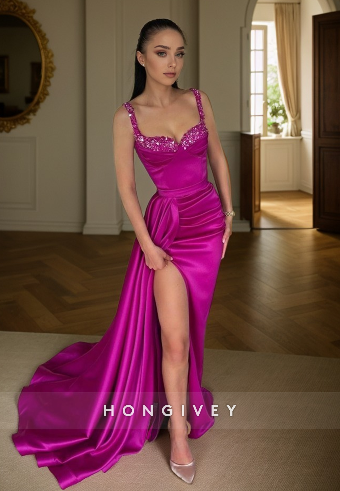 L1333 - Sexy Satin Sweetheart Spaghetti Straps Sequined Ruched Embellished With Train Party Prom Evening Dress - Fashionpara