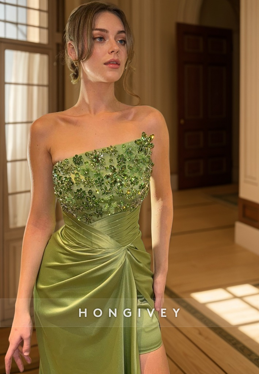 L2969 - Asymmetrical Satin Beaded Empire With Side Slit Party Prom Evening Dress - Fashionpara