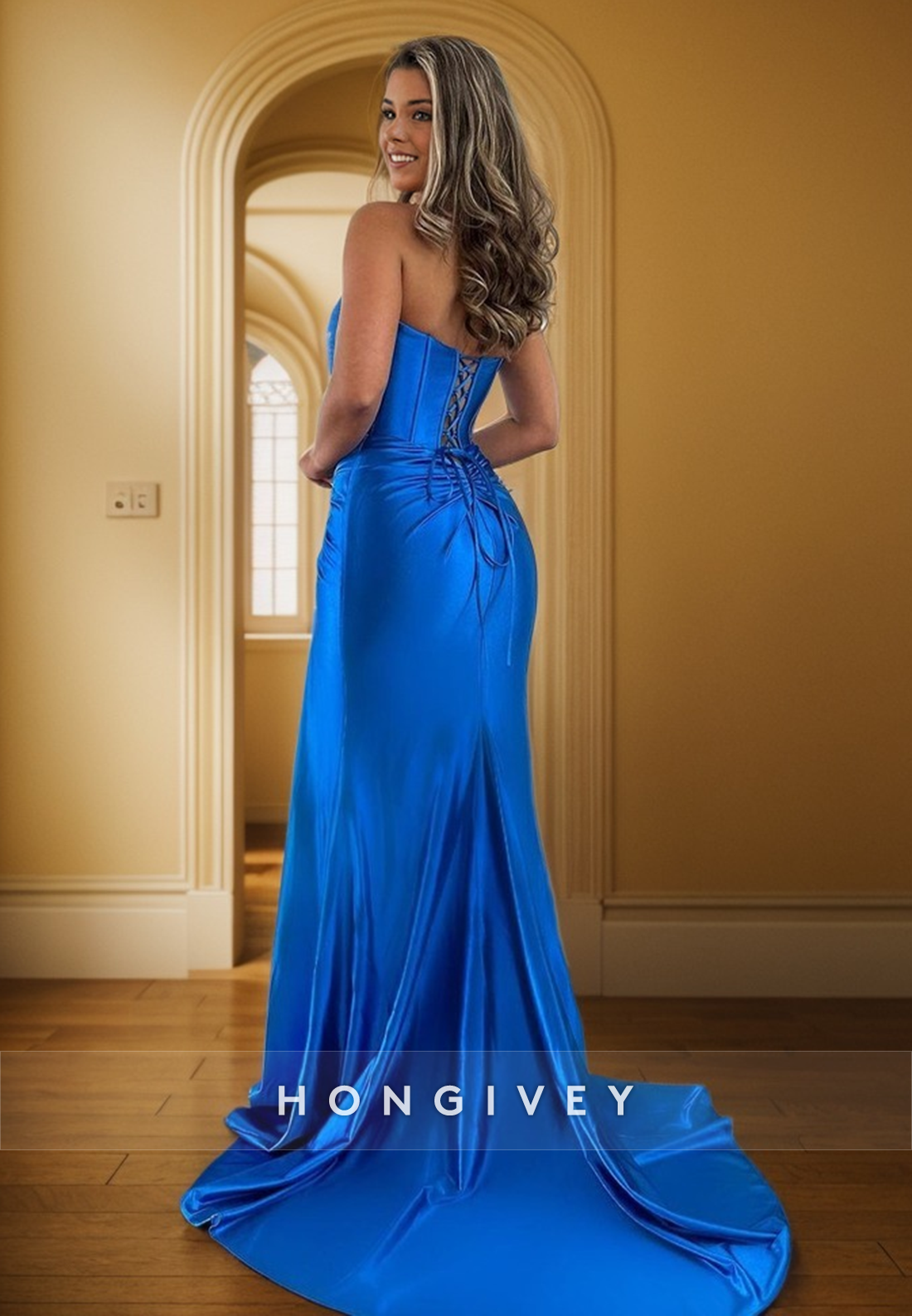 L1375 - Sexy Sweetheart Strapless Ruched With Side Slit Lace-Up Party Prom Evening Dress - Fashionpara