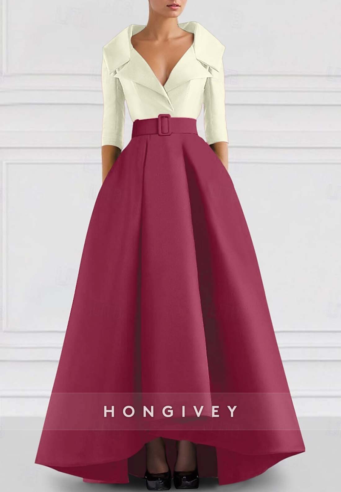 A-line Asymmetrical Evening Gown V Neck Half Sleeve Pockets Pleated Waistband Mother of the Bride